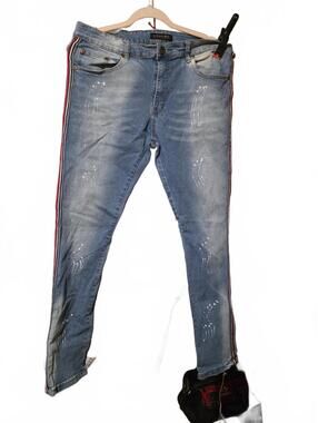 M. Society Men's 36x32 Light Blue Distressed Jeans Skinny Paint